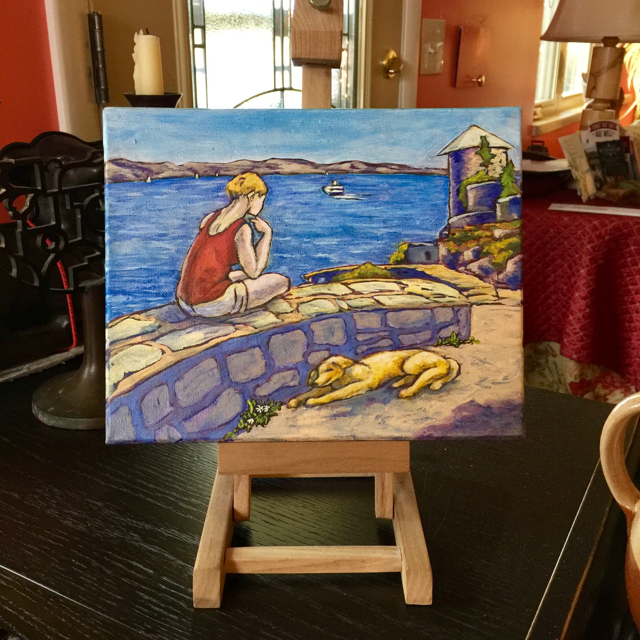 "Girl at Harbor", 8" x 10", as a table top display on little easel, by Marilyn