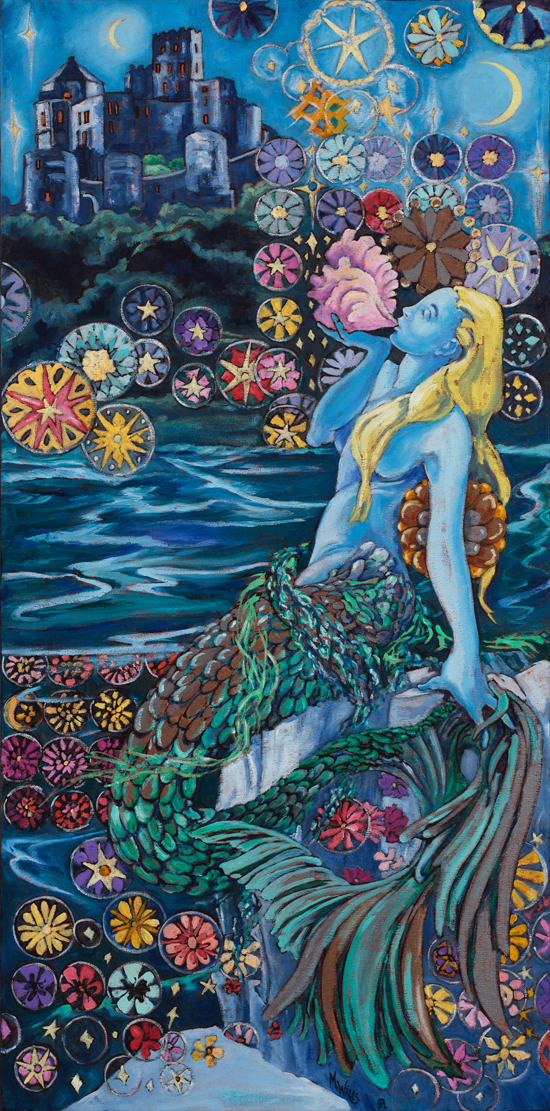 “A Mermaid Dreams” by Marilyn – oil on canvas – 18″x 36″ $1350