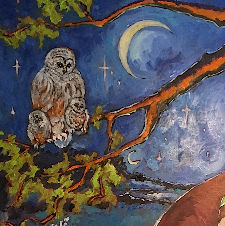Detail with Owls of "Bridget the Beloved" oil painting by Marilyn in progress 