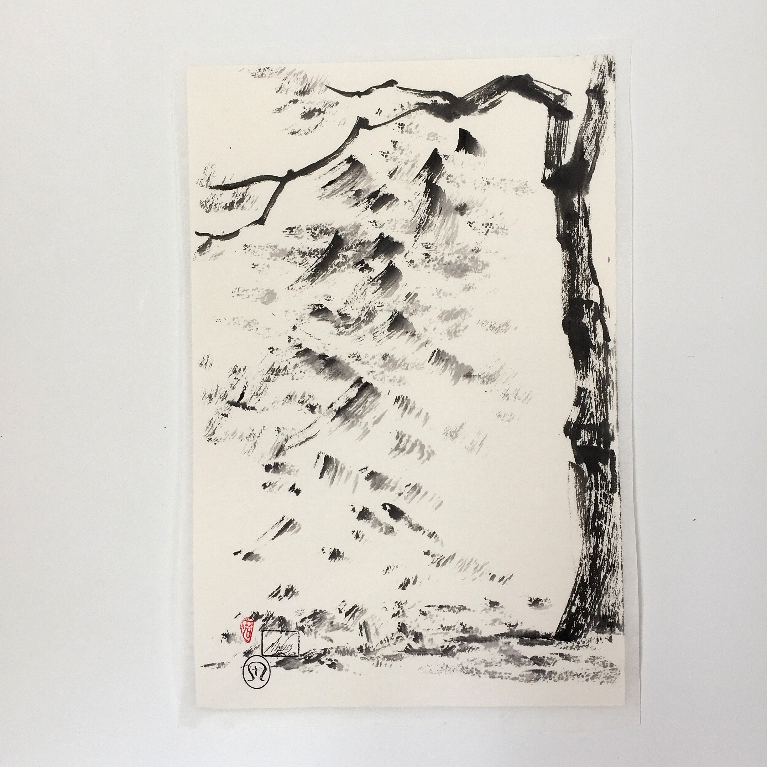 "The Blossoms Keep Falling" 188S by Marilyn Wells—14”x 18” on mulberry paper, mounted—$TBD" abstract sumi-e
