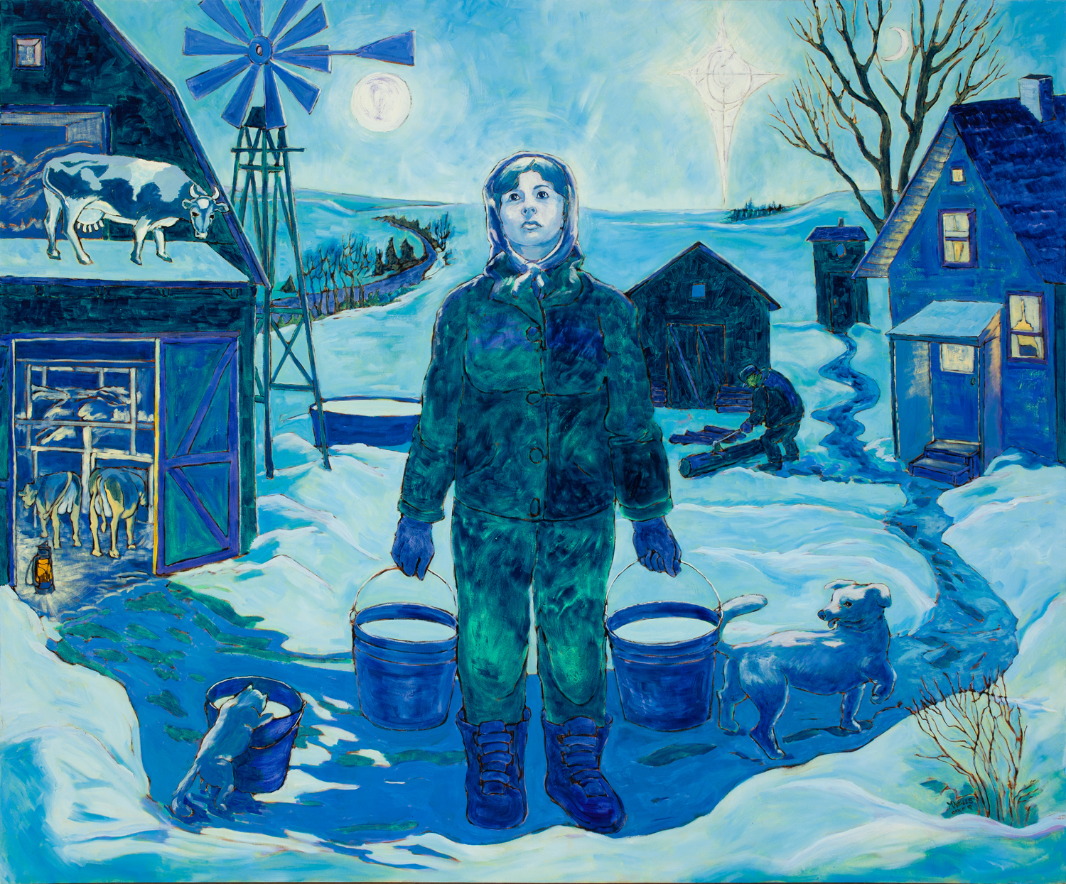 a farm woman of the depression era looks towards the Eastern Star for hope in a blue oil painting