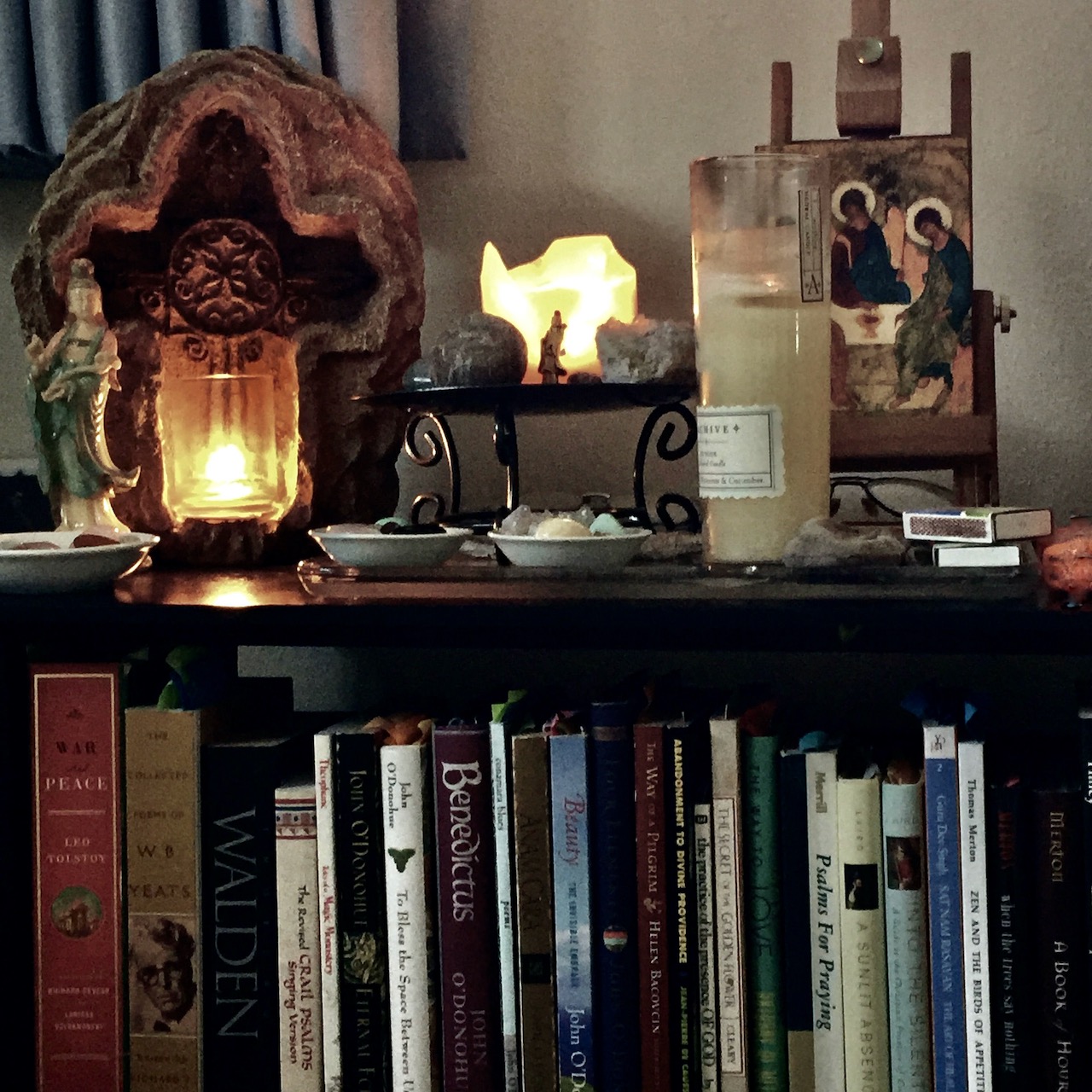 home altar, both Zen and Christian, with Classic books