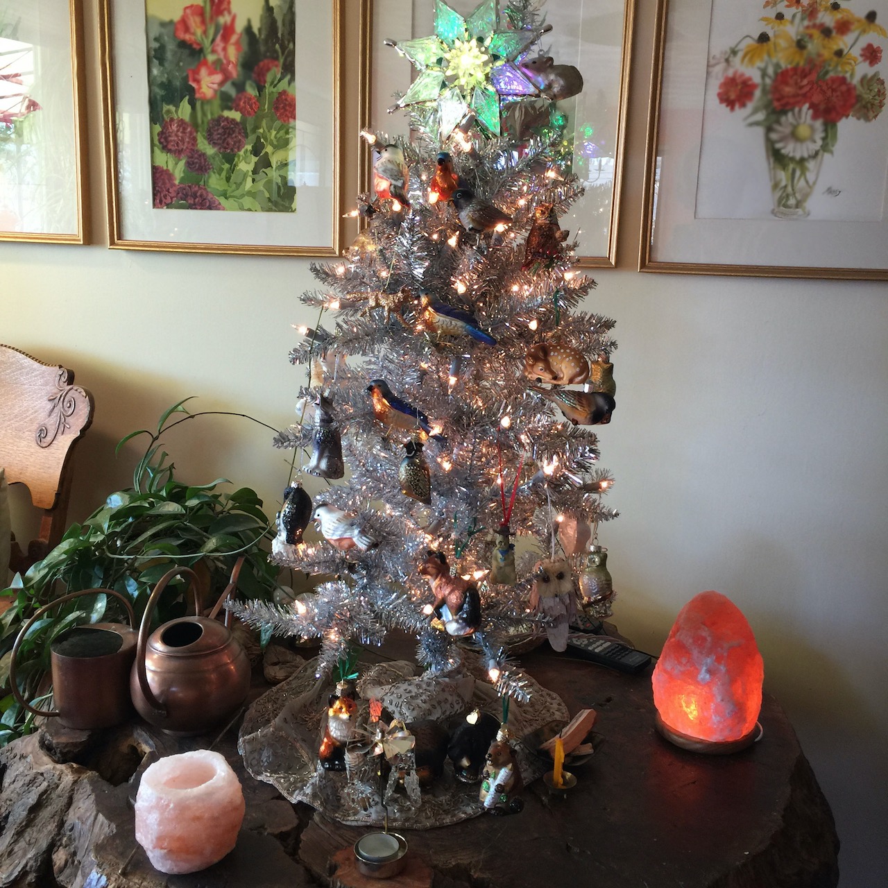 christmas tree decorated with woodland creatures and light