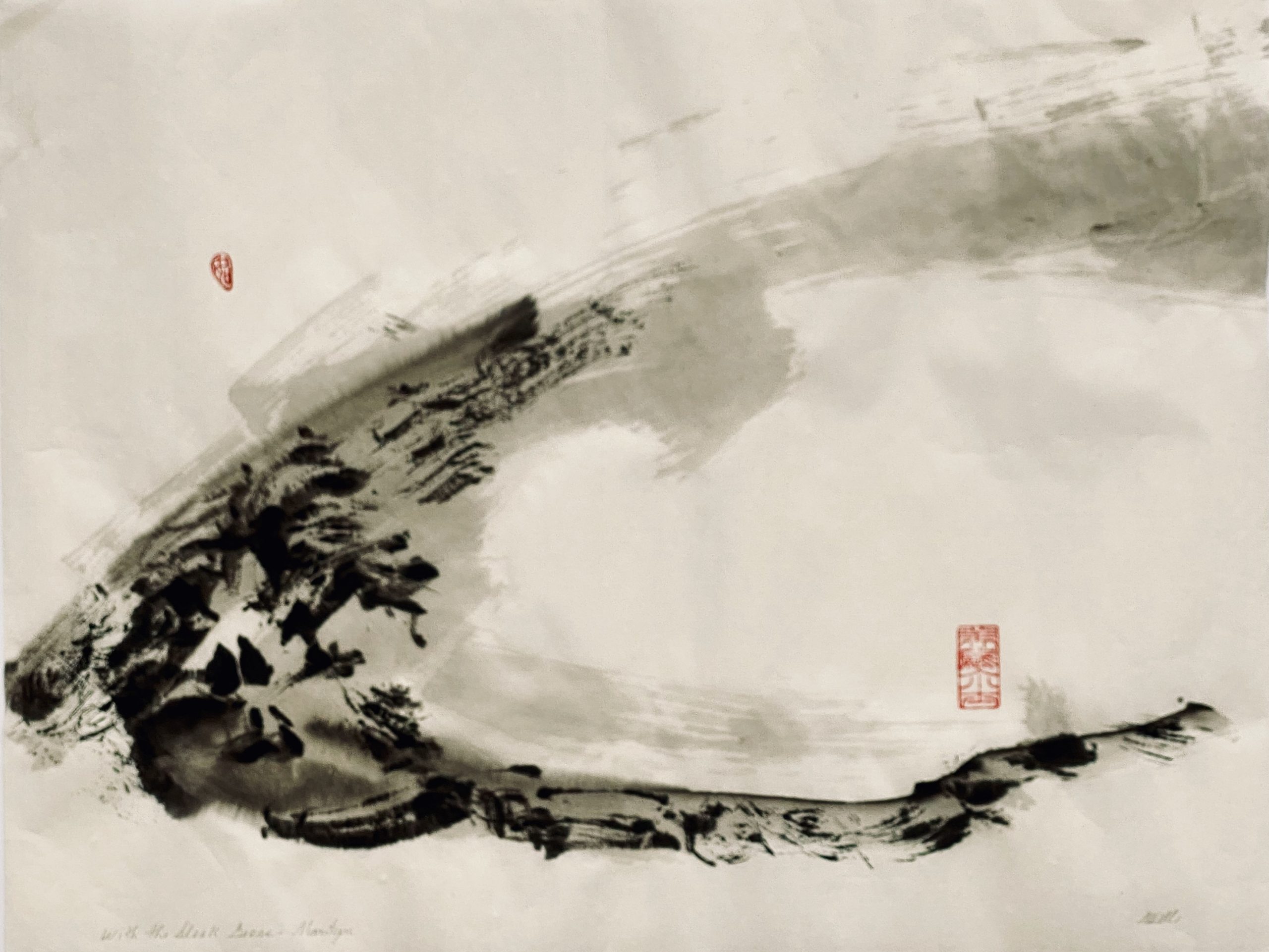 Abstract sumi e with poem - With Sleek Geese - by Marilyn Wells