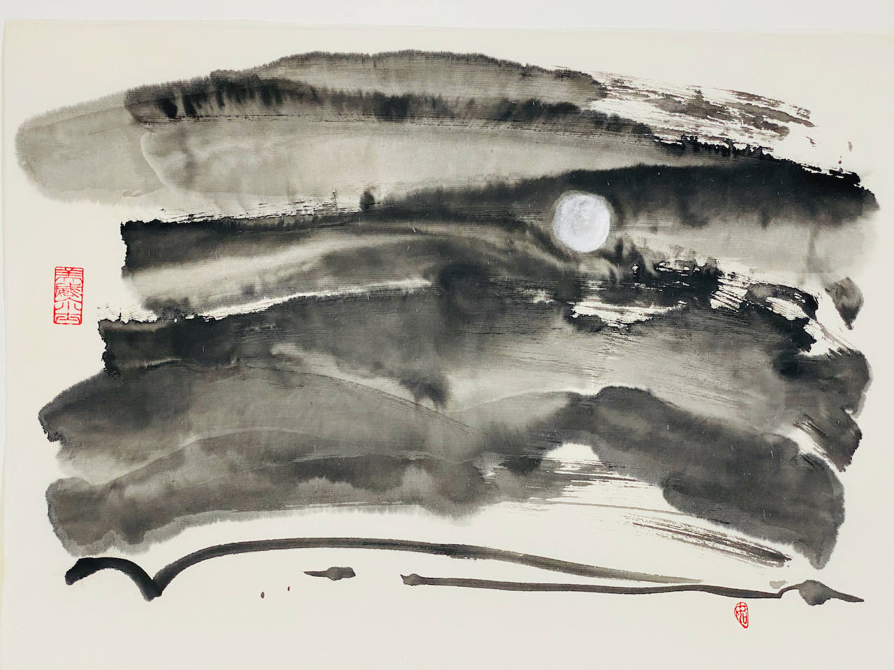 The Moon A Pallid Ember abstract sumi e
