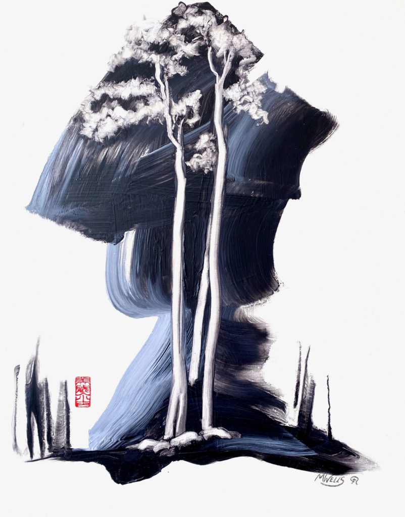 Sumi e oil painting by Marilyn Wells based on "Spirit in Nature - Tree 5 - Kanji Tree". Oil on board.