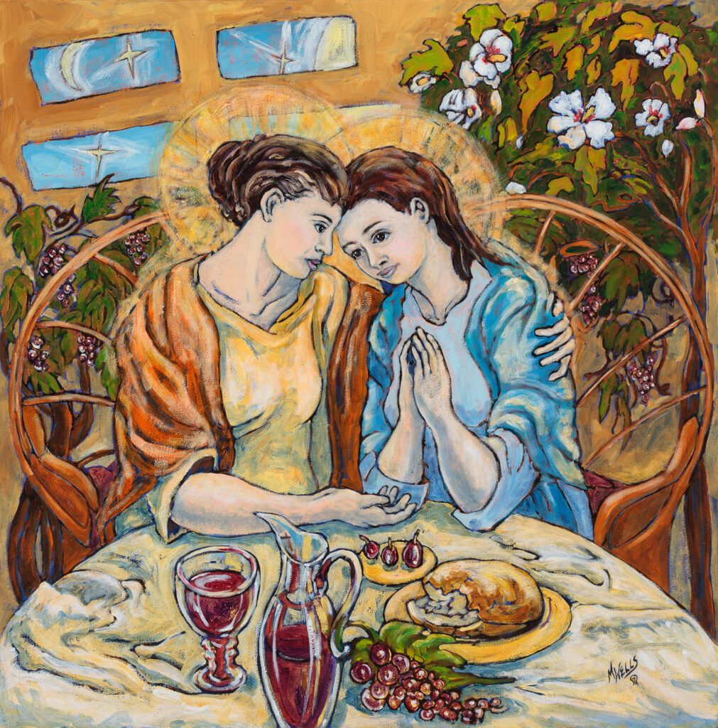 "Mother and Daughter News" oil painting of sharing relationship of women together by Marilyn Wells