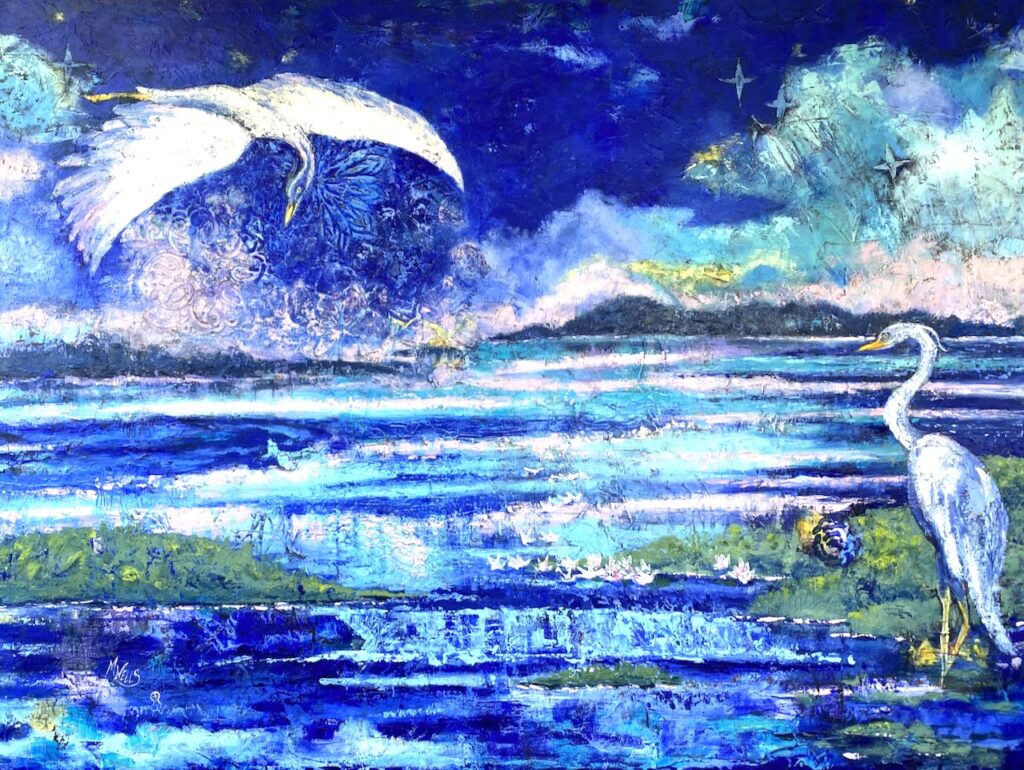 White Herons against a blue sky, "Blue Heron Requiem" - Infinite signs, oil painting by Marilyn Wells