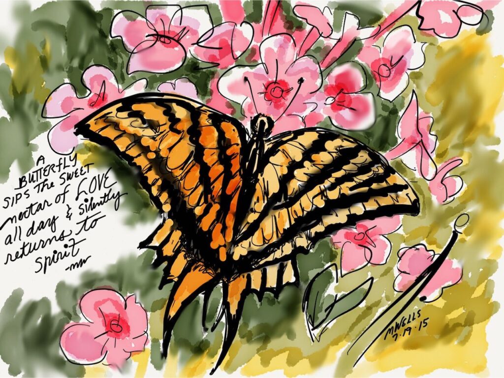 "Butterfly with Quote" by Marilyn Wells - Mourning cloak butterfly against pink phlox