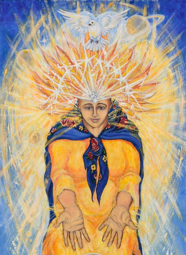 "Wisdom Sophia" by Marilyn Wells, figurative oil painting of celestial Sophia with white dove, flaming, starry crown overlooking the World.