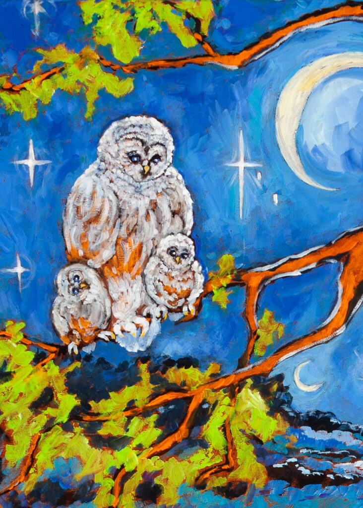 White Snowy Owl, detail of oil painting by Marilyn Wells of "St Bridgit - You are Loved", in which she is shown with the baby Jesus and her special animals.