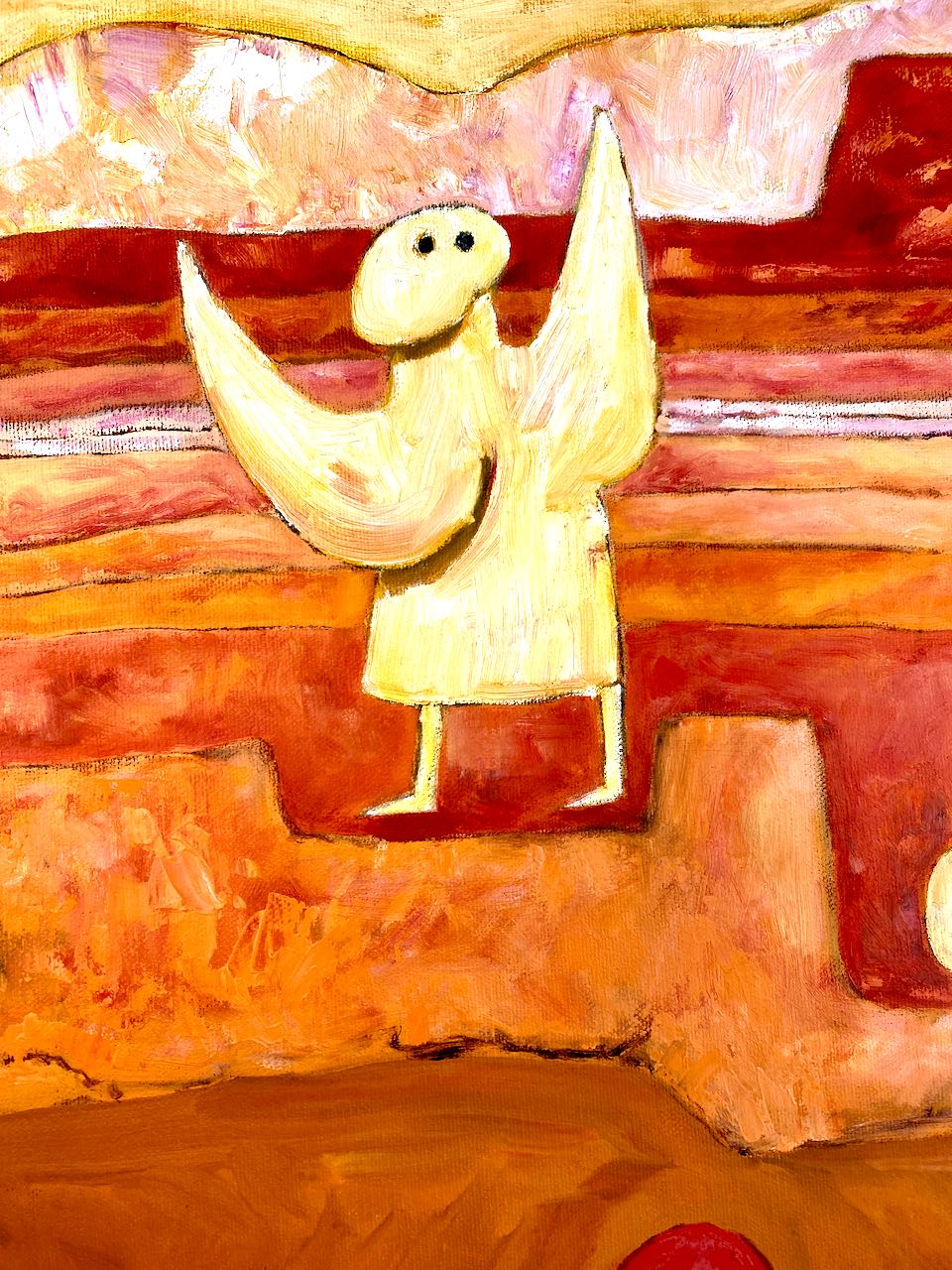 Angel-Detail-of-Eve-Leaving-Eden-after-Paul-Klee- in reds and yellows oil painting by Marilyn Wells