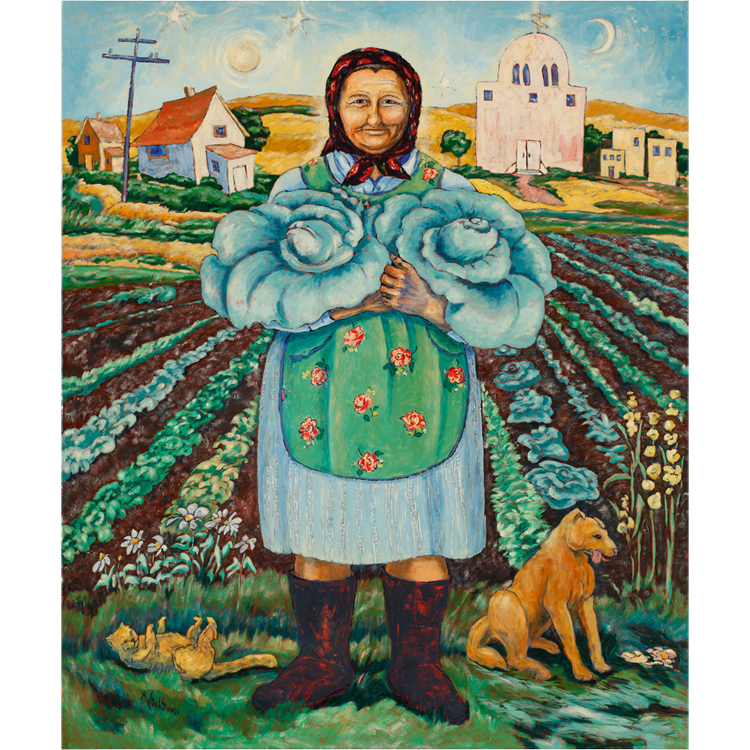 farm woman holding cabbages, farm woman in field, farm woman with church, woman as icon, farm woman as icon, farm woman as divine feminine