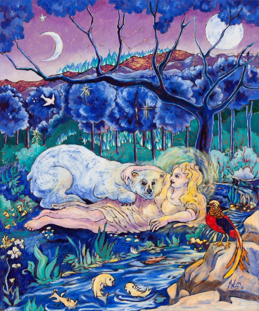  "East of the Sun, West of the Moon" oil painting by Marilyn Wells in blues of the beautiful daughter and the Great Bear/Prince from the Fairy Tale.
