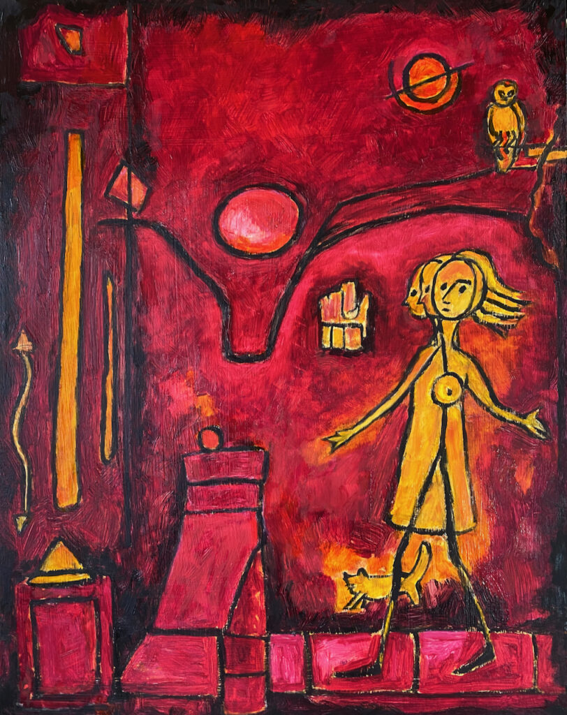 "Night of the Spirit" by Marilyn Wells, Red oil painting with figures for "Dream Signs, Decoding Symbols and Messages"