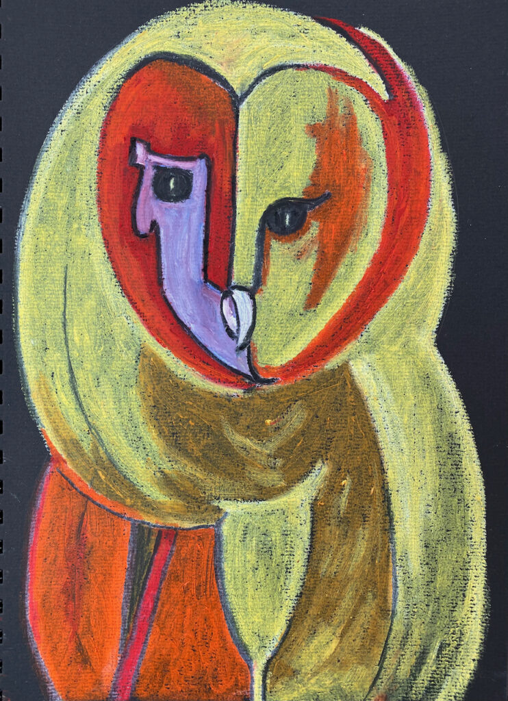 "Eve's Owl" Oil Pastel on Black Paper by Marilyn Wells, 9" x 12", In article on Symbols in Dreams