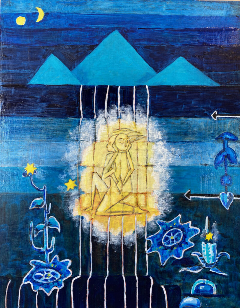 “Eve’s Waters - Eve 9”, Blue painting, oil on wood panel, by Marilyn Wells to “Eve’s Waters - Eve 9”
  There is ocean in me
Swaying, swaying, O, so deep
So fathomlessly…
Old ocean within a woman.
  - D. H. Lawrence - 2108O