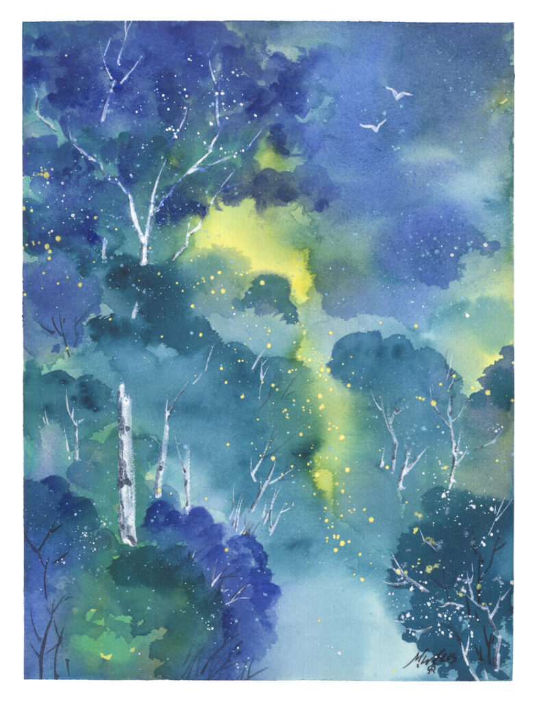 "Blue Bayou" watercolor painting by Marilyn Wells, loose, expressive, in Blues with yellow light