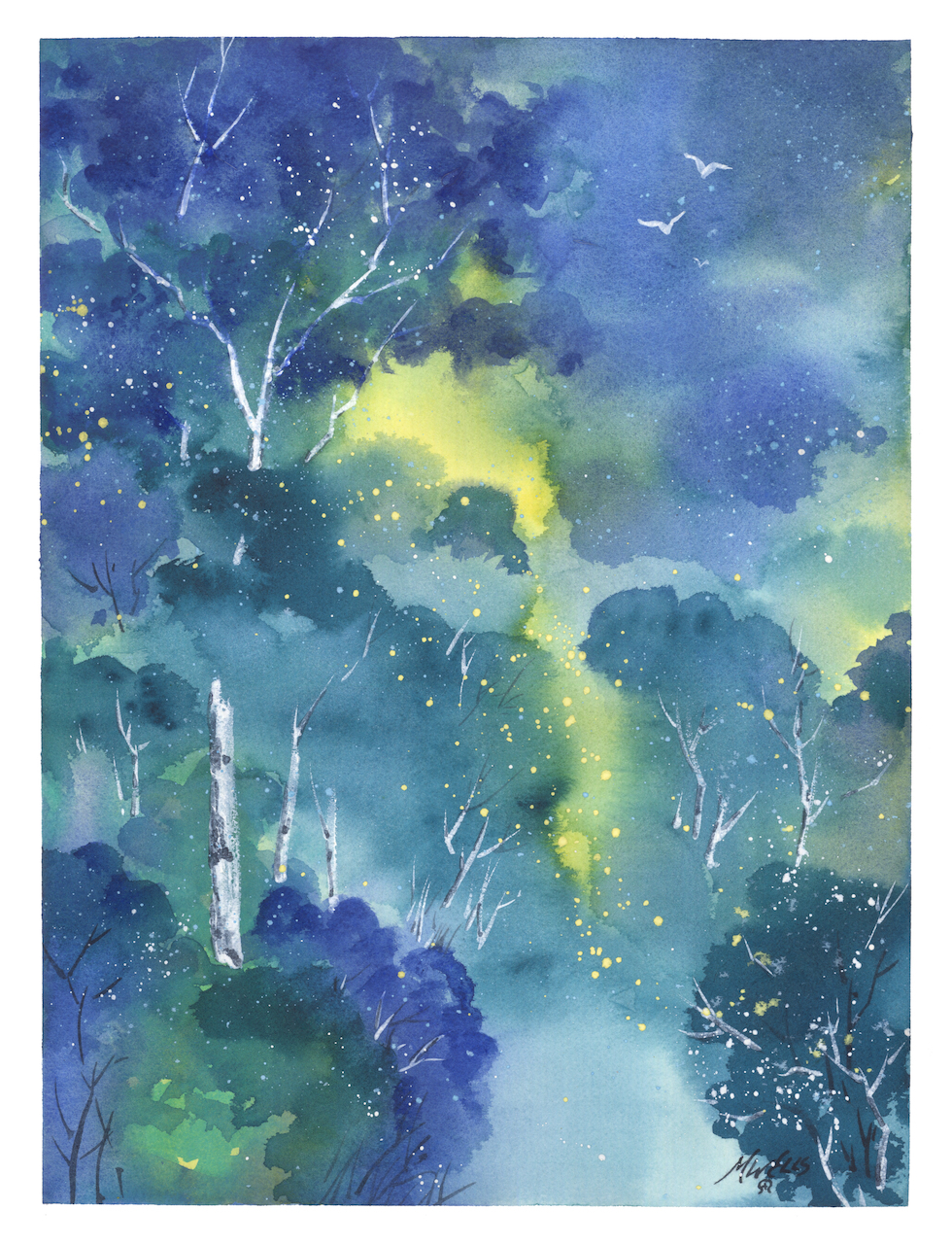 watercolor in blues with yellow morning light, "Blue Bayou" by Marilyn Wells