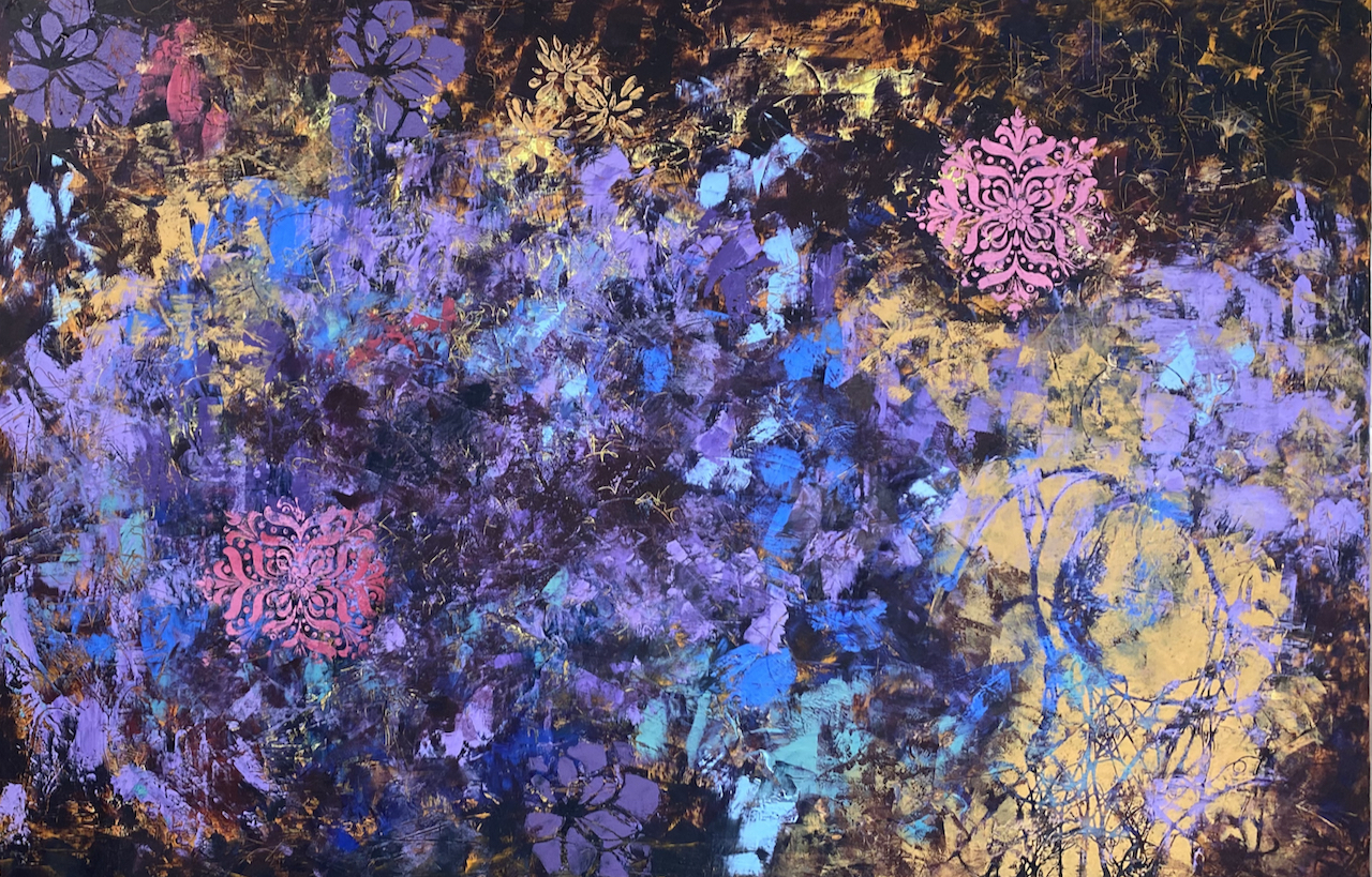 Abstract "Bouquet", Floral Motif of pinks, blues, purples and buff yellow in oil and cold wax by Marilyn Wells on a dark ground.