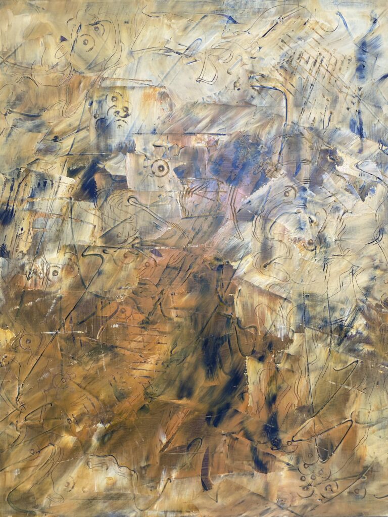Abstract painting in ochres and blues, "Origins of the Feminine Divine #1", oil and cold wax on wood panel by Marilyn Wells