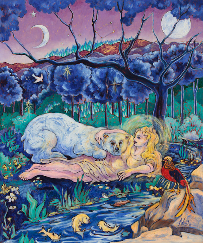 "East of the Sun, West of the Moon" by Marilyn Wells, 20" x 24" colorful oil painting, of a beautiful maiden with the Bear she comes to love in a magical setting. Reminds us of Oracle cards - signs of Hope.