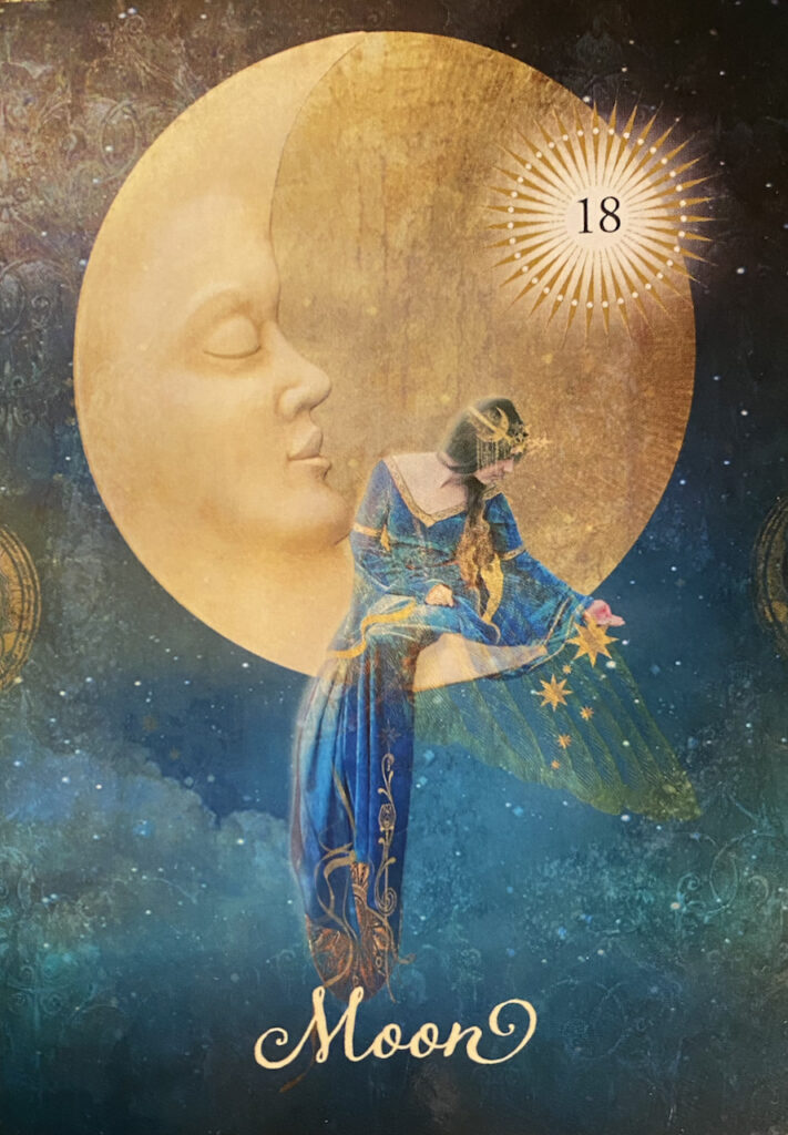 Moon Card from Colette Baron-Reid card deck "The Good Tarot", image of woman with stars against a large moon in beautiful blues and golds.A Tarot card as Sign to Hope. 