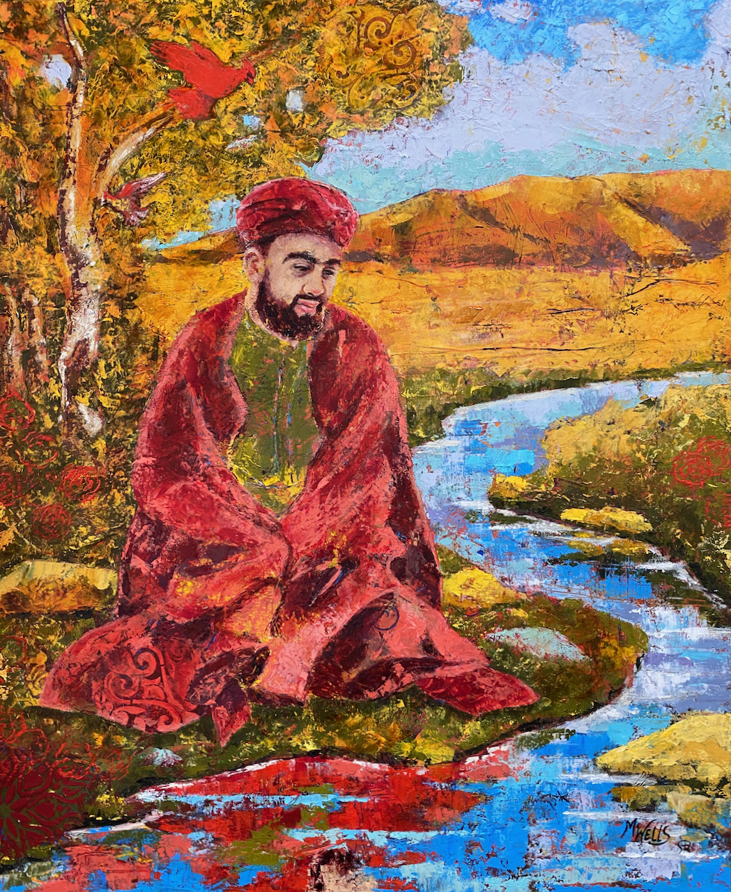 "Murshid and the Water" by Marilyn Wells, oil and cold wax, reds with a blue stream and golden hills