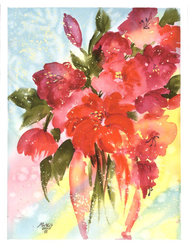 "Red Flowers in Vase" watercolor painting by Marilyn Wells, 12" x 16"