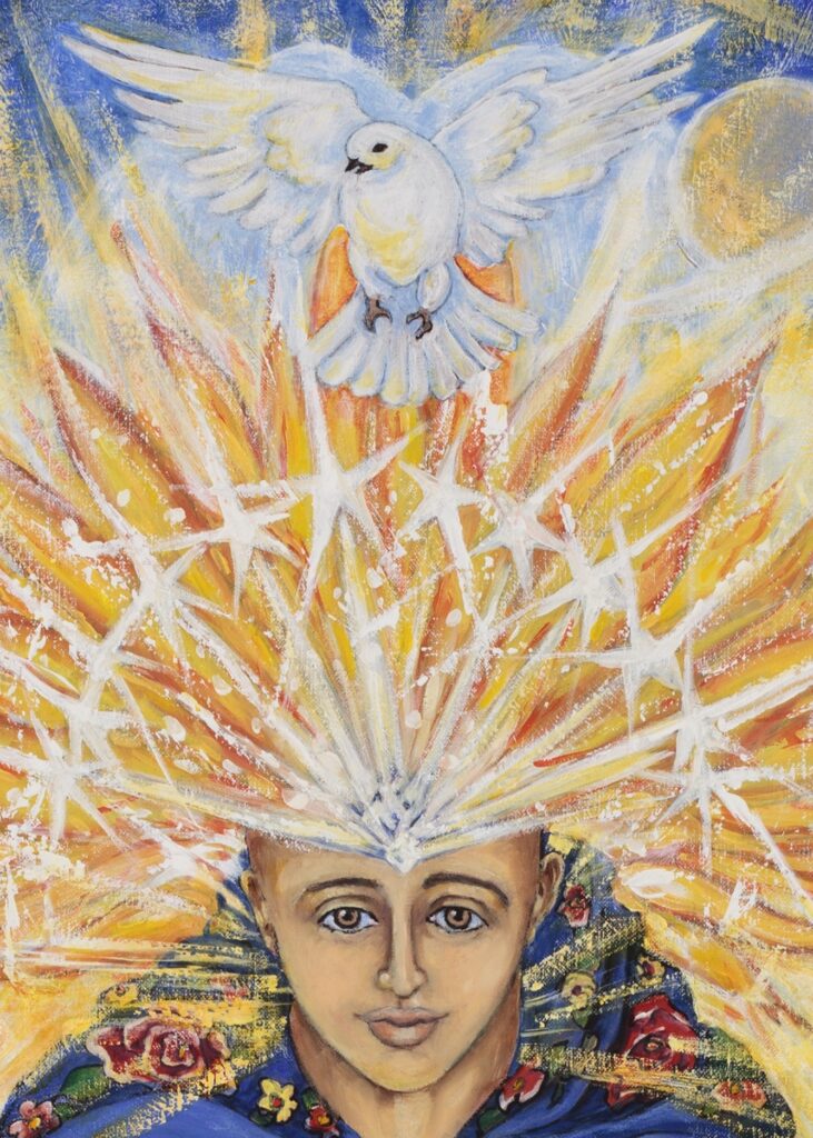 Wisdom Sophia detail of oil painting by Marilyn Wells, shows an warm toned woman wearing a Slavic scarf, symbol of all peoples and her Crown of Stars, sheltered by a white dove. Personal sign of Hope, Peace, and Joy for the artist. 