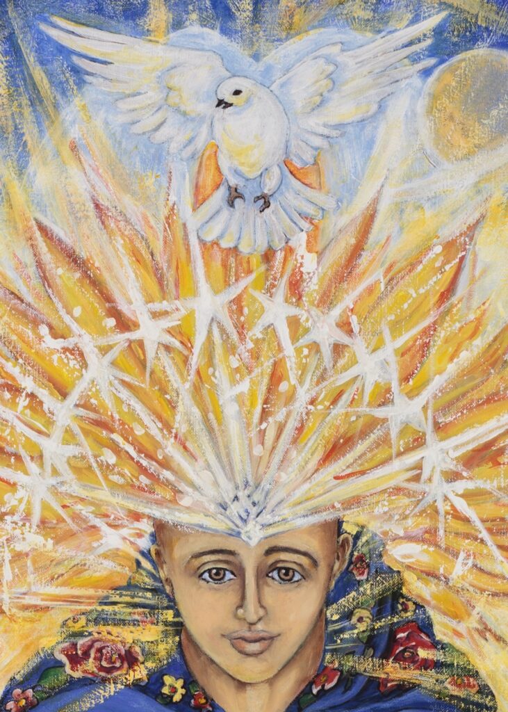 Wisdom Sophia detail of oil painting by Marilyn Wells, shows an warm toned woman wearing a Slavic scarf, symbol of all peoples and her Crown of Stars, sheltered by a white dove. Personal sign of Hope, Peace, and Joy for the artist.