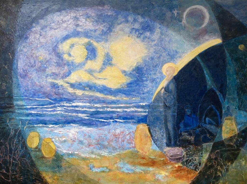 "Ascent to Origin" oil and cold wax painting by Marilyn Wells, 48" x 36", based on "Seeing Through", diaphaneity, transparency and transformation.